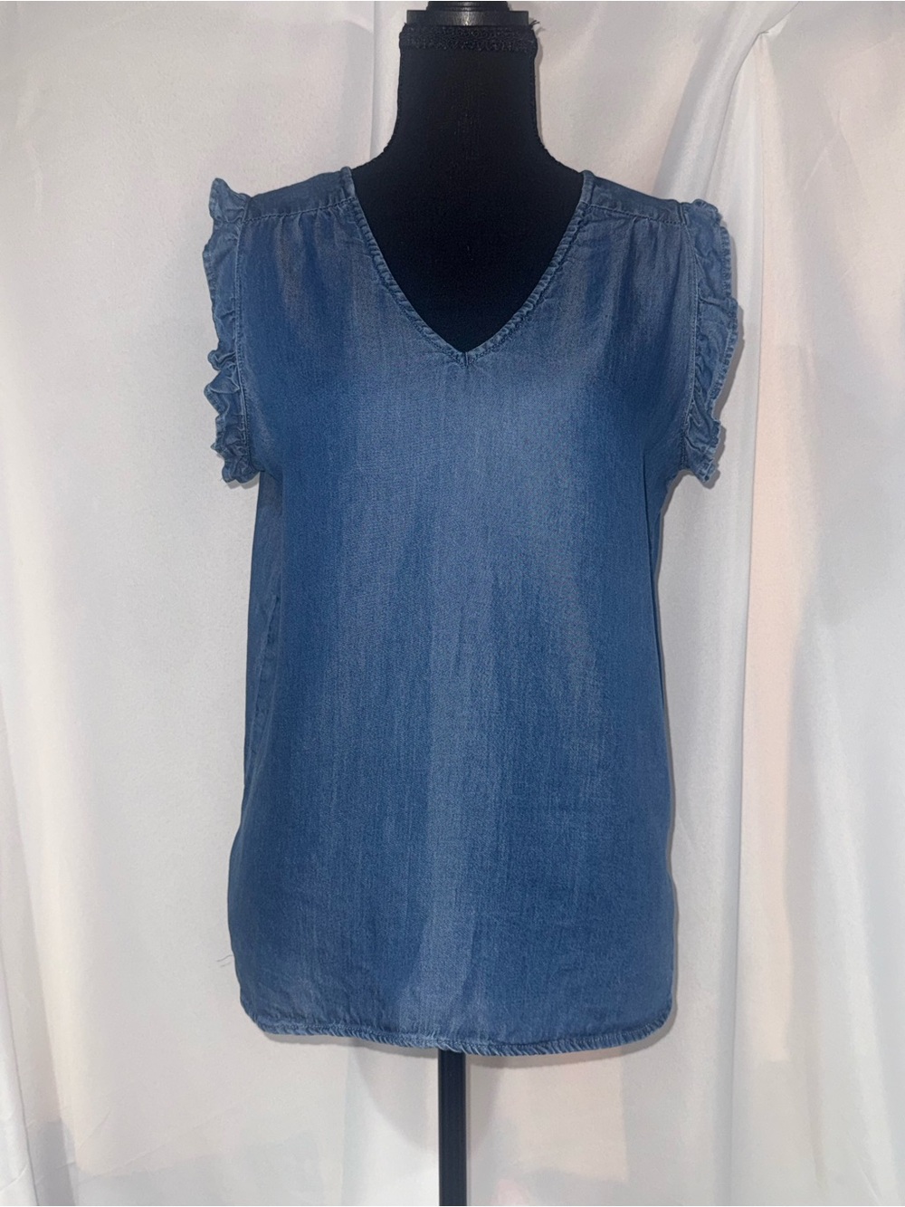 For The Republic Denim-Look V-Neck Ruffle Sleeve Top - Blue